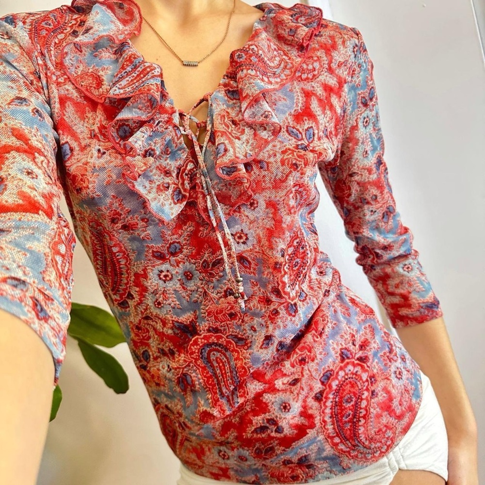 Chaps Vintage Bohemian Paisley Lace-Up Blouse 💖 🌸